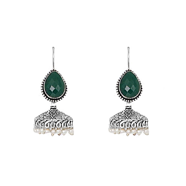 Teejh Sahasra Green Stone Silver Oxidised Earrings