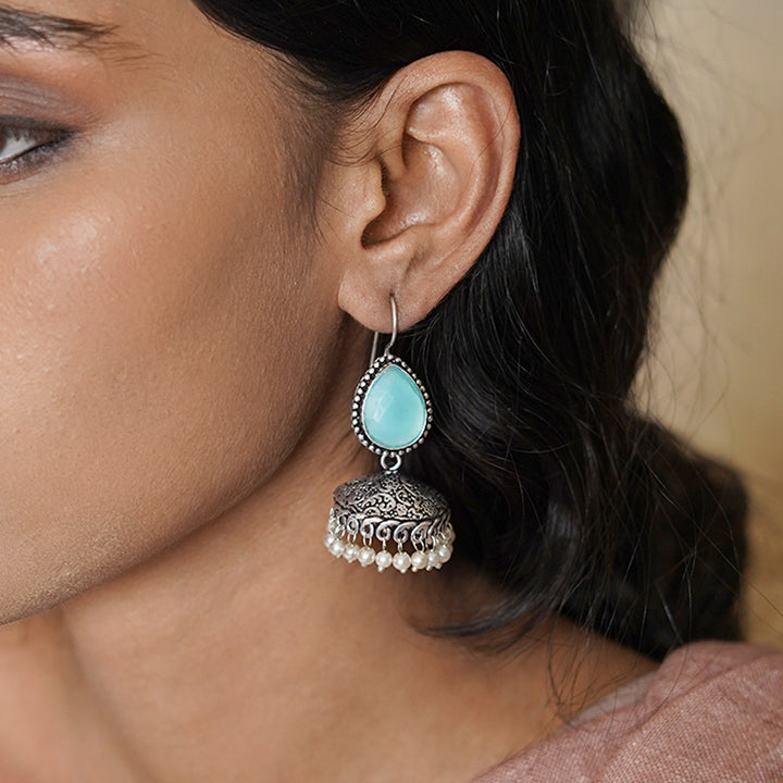 Teejh Sahasra Light Blue Stone Silver Oxidised Earrings