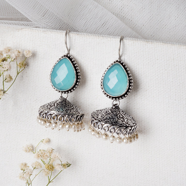 Teejh Sahasra Light Blue Stone Silver Oxidised Earrings