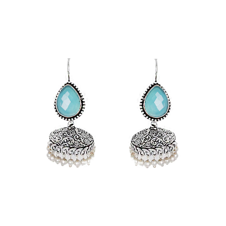 Teejh Sahasra Light Blue Stone Silver Oxidised Earrings