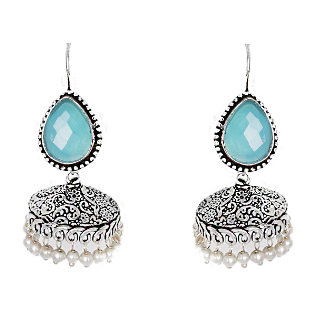 Teejh Sahasra Light Blue Stone Silver Oxidised Earrings