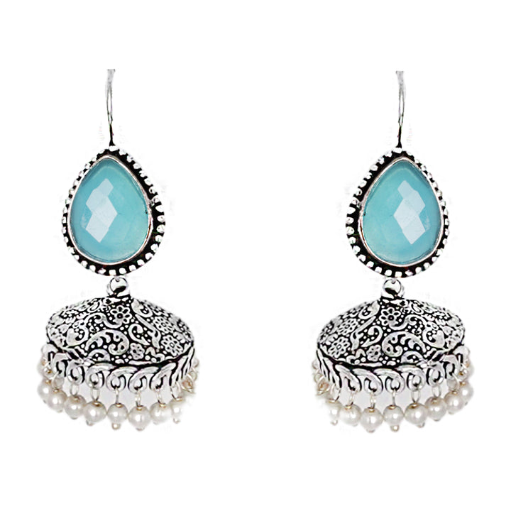 Teejh Sahasra Light Blue Stone Silver Oxidised Earrings