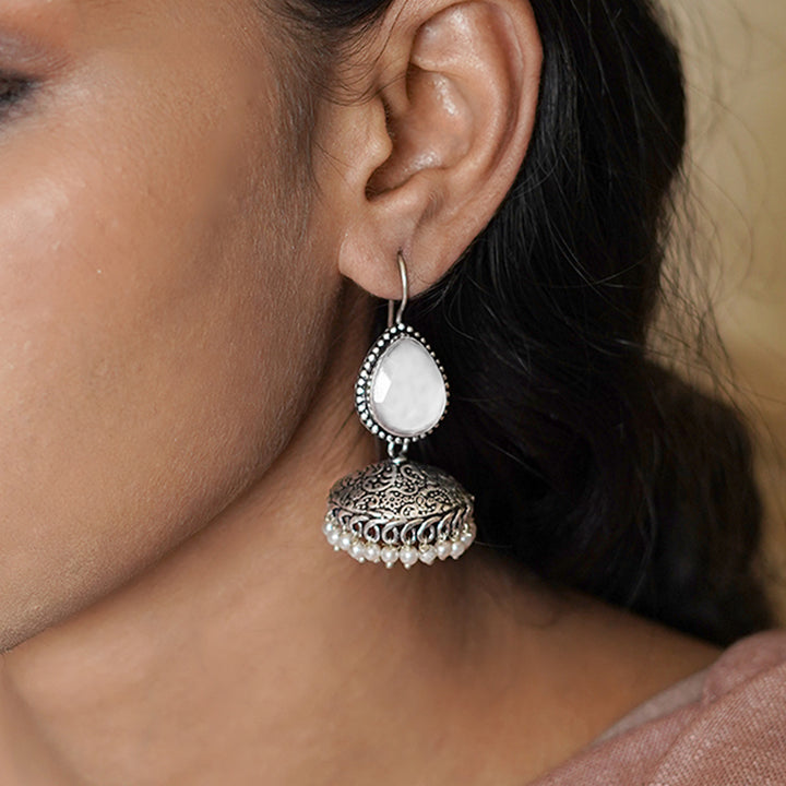 Teejh Sahasra White Stone Silver Oxidised Earrings