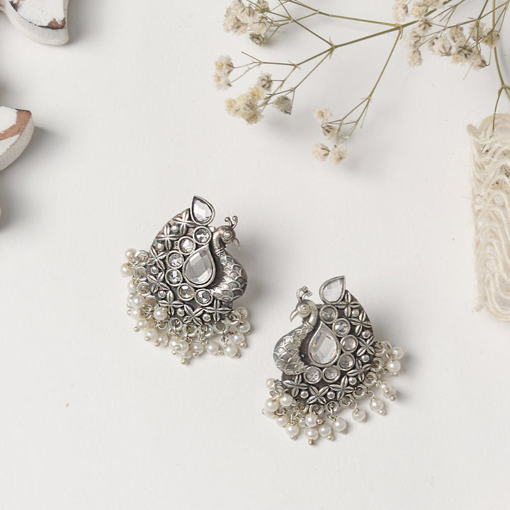 Teejh Nirali White Silver Oxidised Earrings