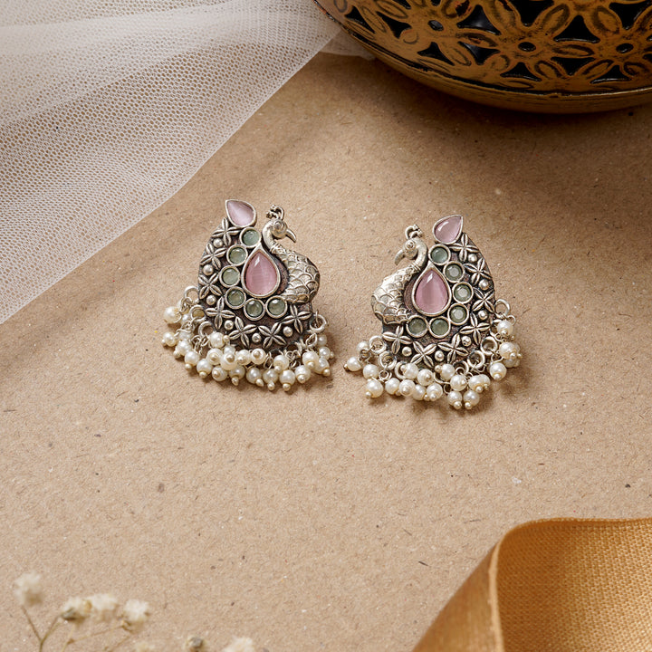 Teejh Nirali  Pink &amp; White Silver Oxidised Earrings