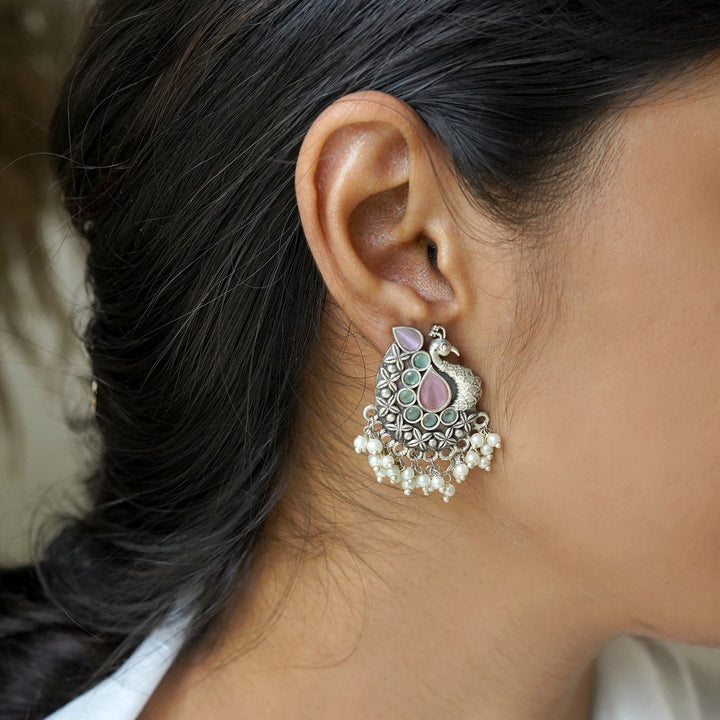 Teejh Nirali  Pink &amp; White Silver Oxidised Earrings