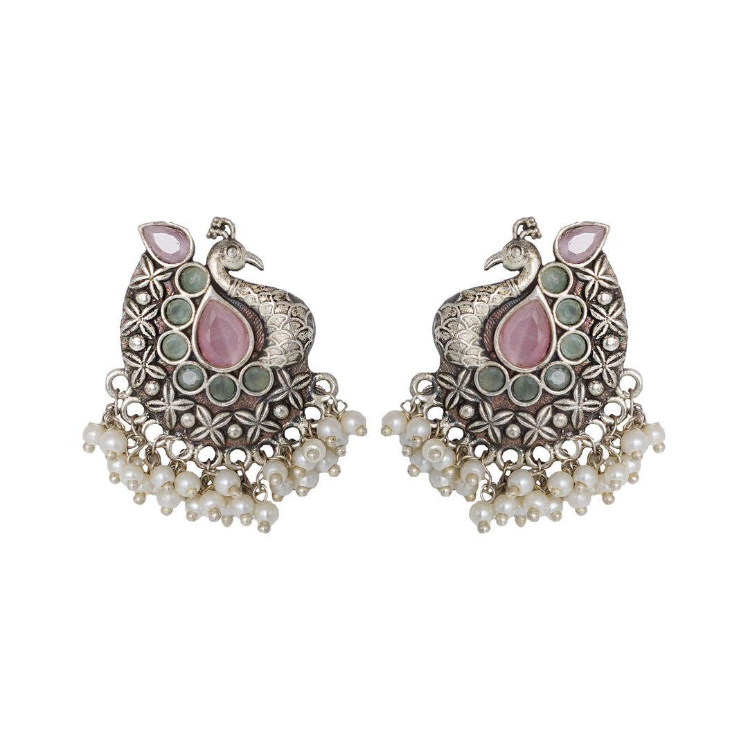 Teejh Nirali  Pink &amp; White Silver Oxidised Earrings