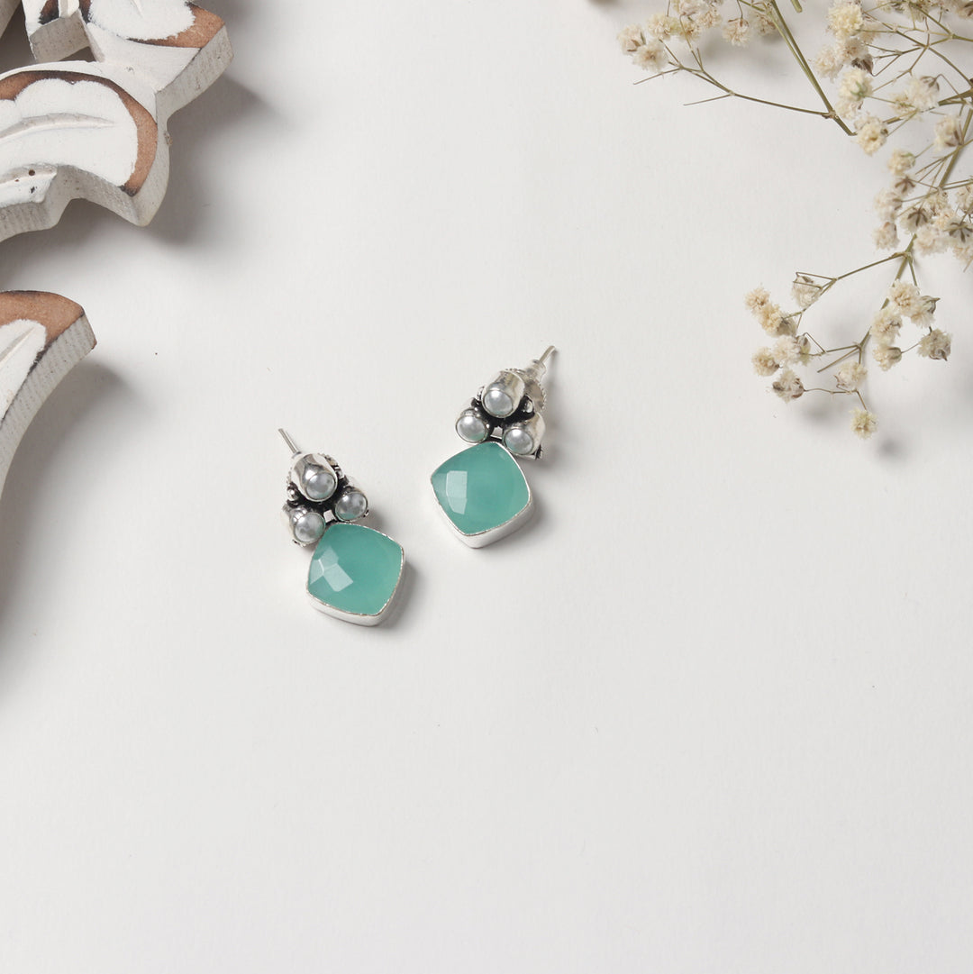 Teejh Delisha  Light Blue Stone Silver Oxidised  Stud Earrings