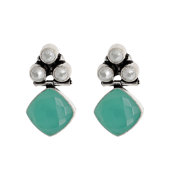 Teejh Delisha  Light Blue Stone Silver Oxidised  Stud Earrings