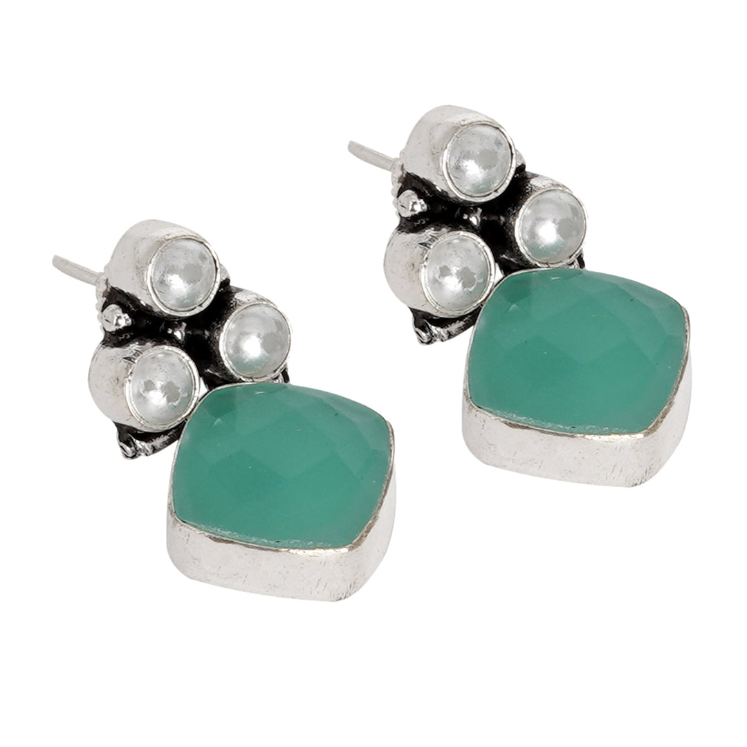 Teejh Delisha  Light Blue Stone Silver Oxidised  Stud Earrings