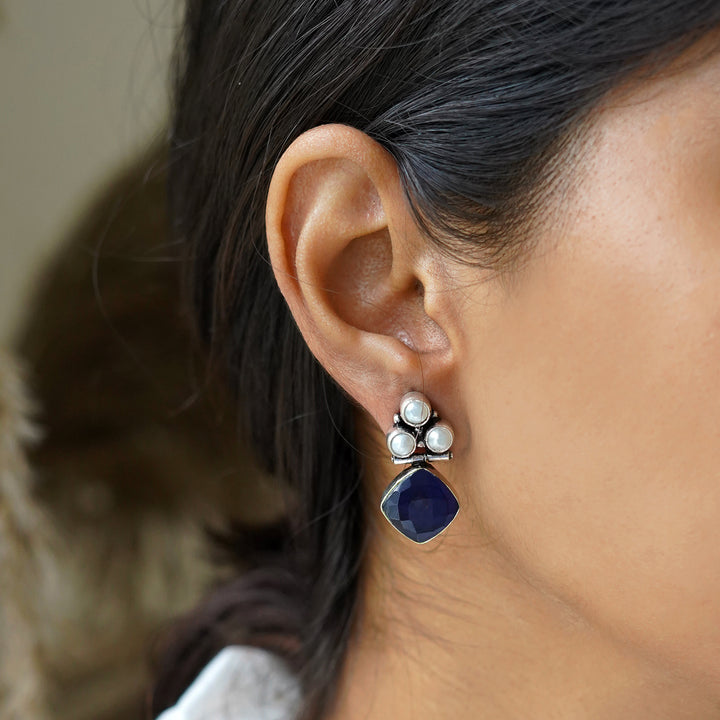 Teejh Delisha Blue Stone Silver Oxidised  Stud Earrings