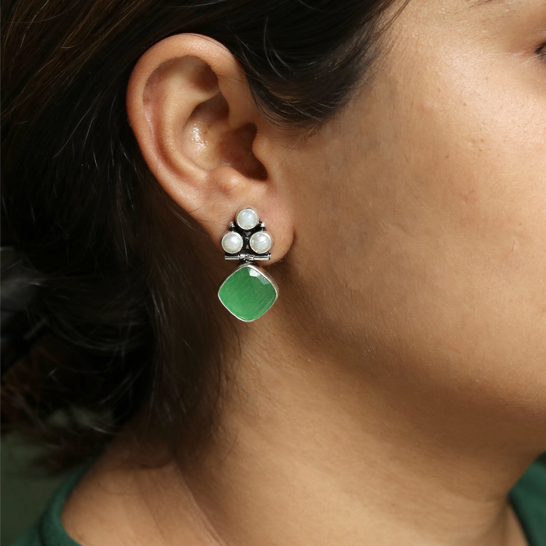 Teejh Delisha Green Stone Silver Oxidised  Stud Earrings