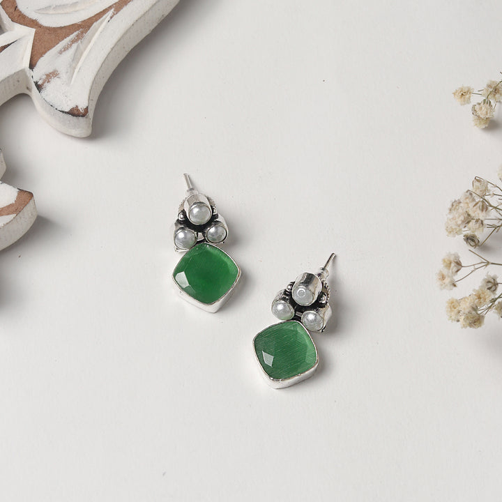 Teejh Delisha Green Stone Silver Oxidised  Stud Earrings