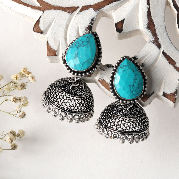 Teejh Shanya Turquoise Stone Silver Oxidised Earrings