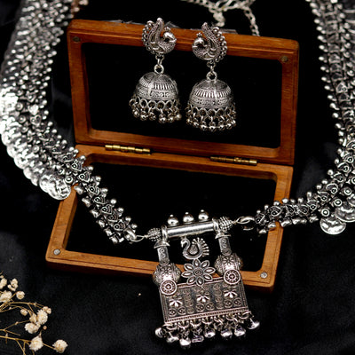 Kaveesha Silver Oxidized Peacock Necklace Set - Teejh