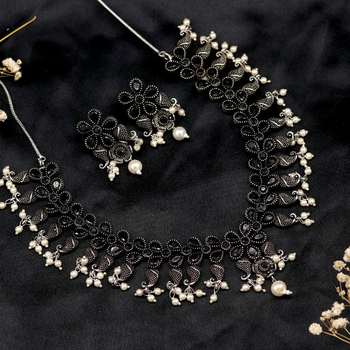 Niranjana Black Stone Silver Oxidized Necklace Set - Teejh