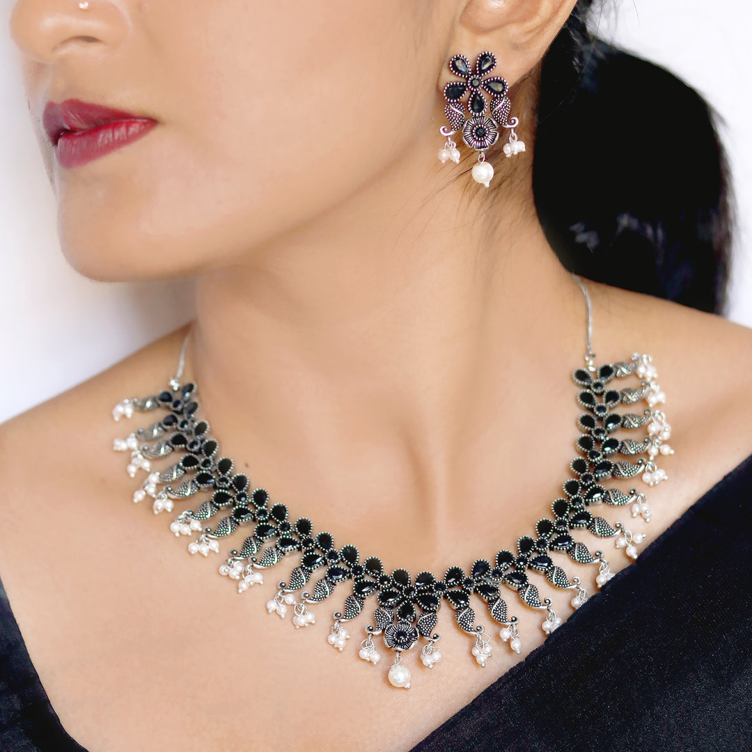 Niranjana Black Stone Silver Oxidized Necklace Set - Teejh