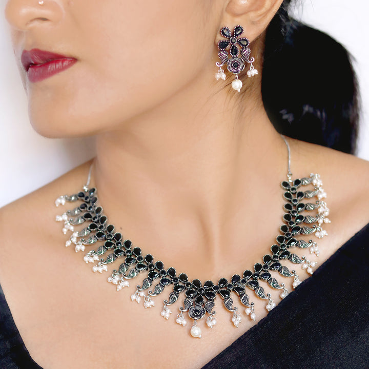 Niranjana Black Stone Silver Oxidized Necklace Set - Teejh