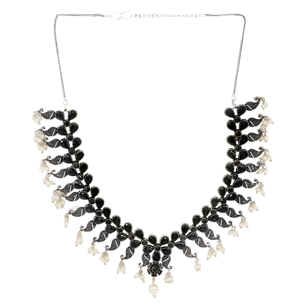 Niranjana Black Stone Silver Oxidized Necklace Set - Teejh