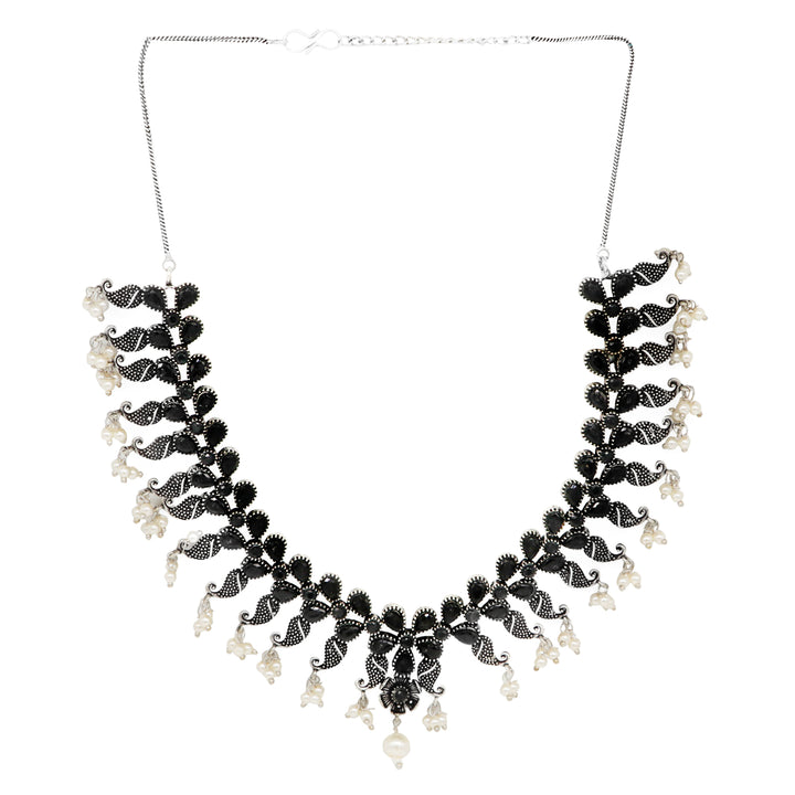 Niranjana Black Stone Silver Oxidized Necklace Set - Teejh