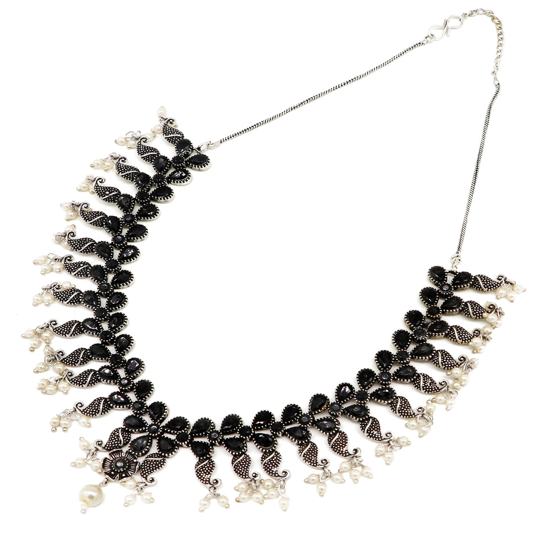 Niranjana Black Stone Silver Oxidized Necklace Set - Teejh