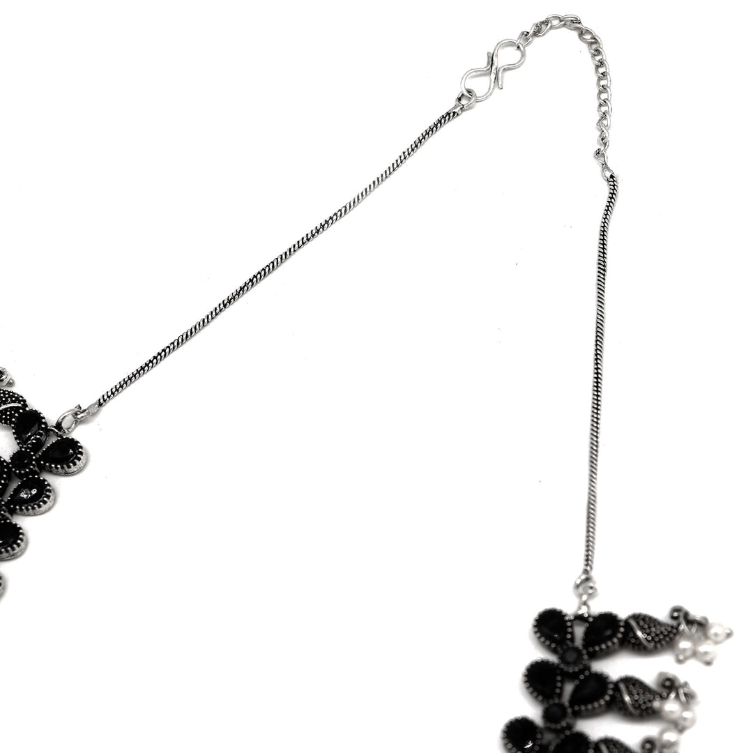 Niranjana Black Stone Silver Oxidized Necklace Set - Teejh