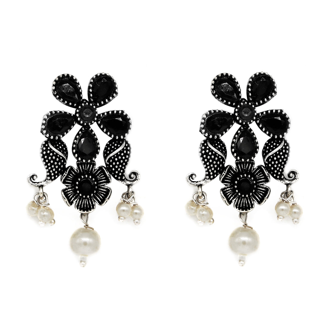 Niranjana Black Stone Silver Oxidized Necklace Set - Teejh