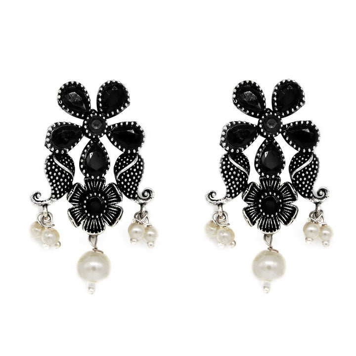 Niranjana Black Stone Silver Oxidized Necklace Set - Teejh