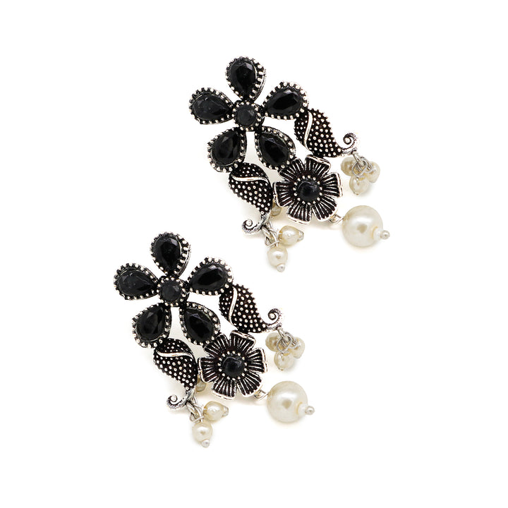 Niranjana Black Stone Silver Oxidized Necklace Set - Teejh