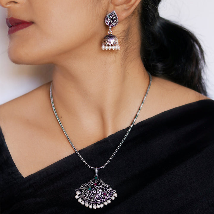 Pavaki Multi Colored Silver Oxidized  Pendant Set - Teejh