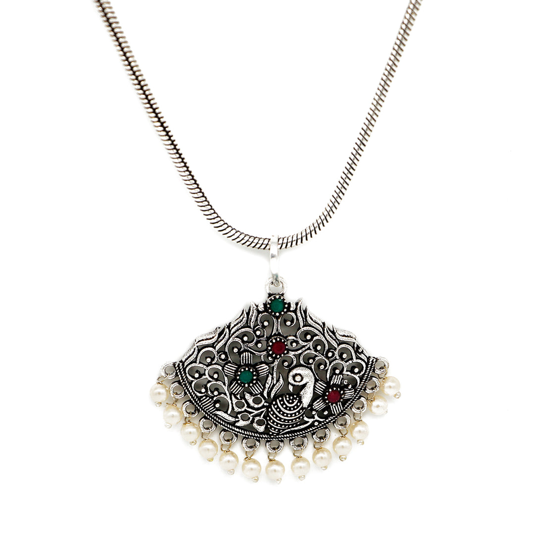 Pavaki Multi Colored Silver Oxidized  Pendant Set - Teejh
