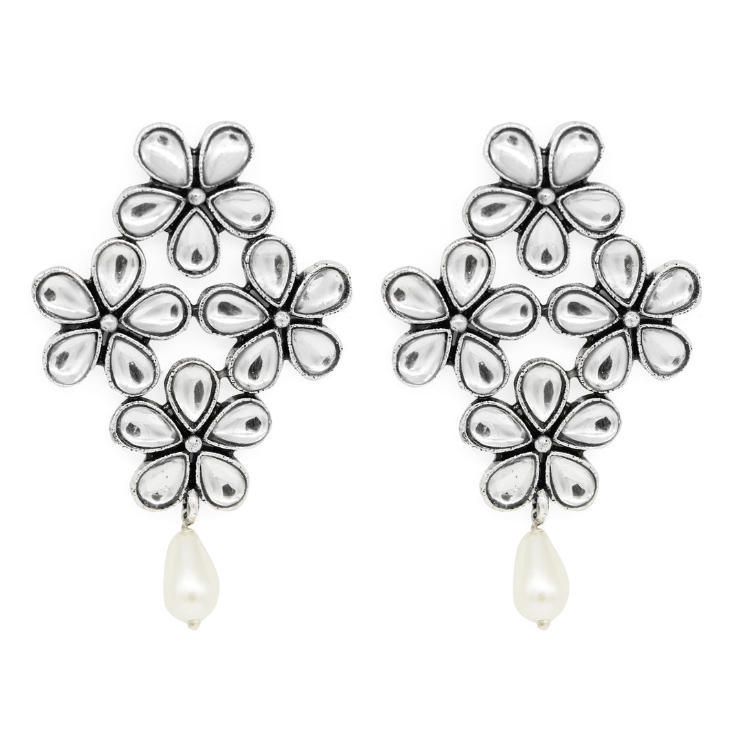 Vamika Floral Polki Silver Oxidized Earrings - Teejh