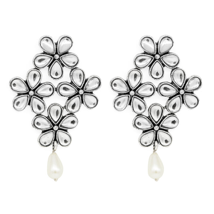 Vamika Floral Polki Silver Oxidized Earrings - Teejh