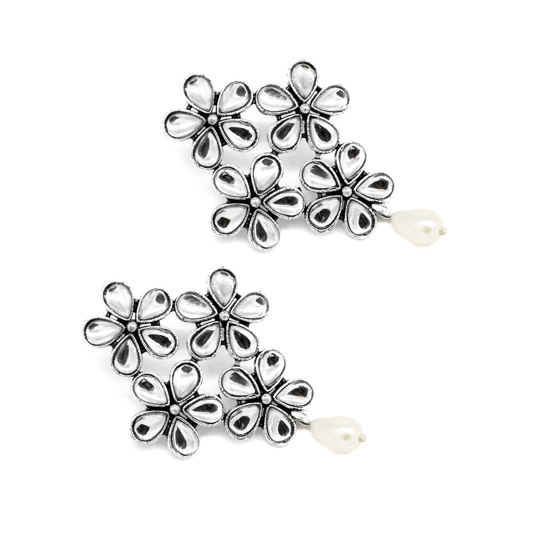 Vamika Floral Polki Silver Oxidized Earrings - Teejh
