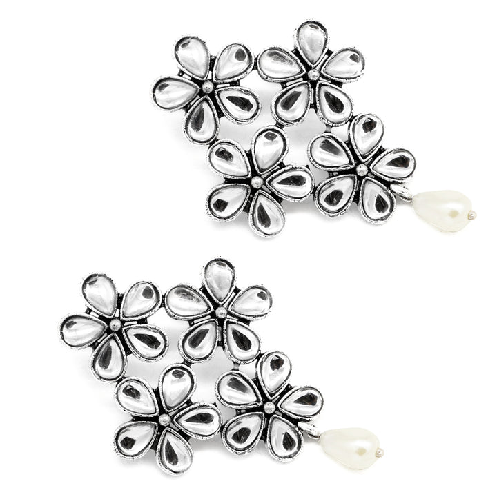 Vamika Floral Polki Silver Oxidized Earrings - Teejh