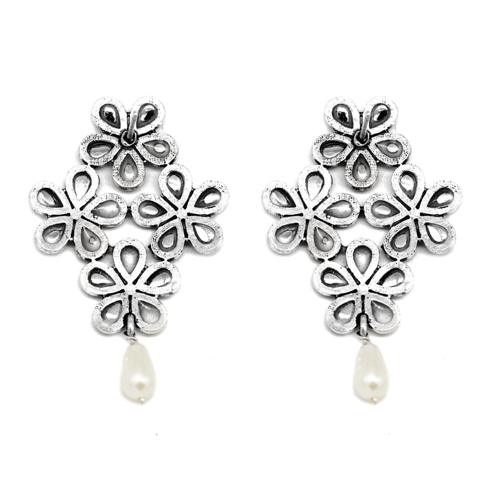 Vamika Floral Polki Silver Oxidized Earrings - Teejh