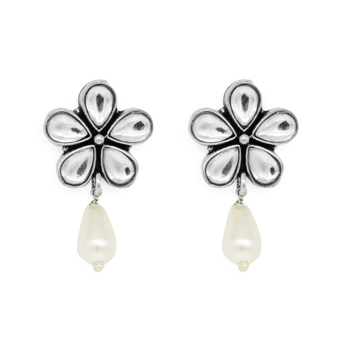 Amritaya Floral Polki Silver Oxidized Earrings - Teejh