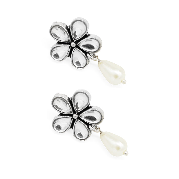 Amritaya Floral Polki Silver Oxidized Earrings - Teejh