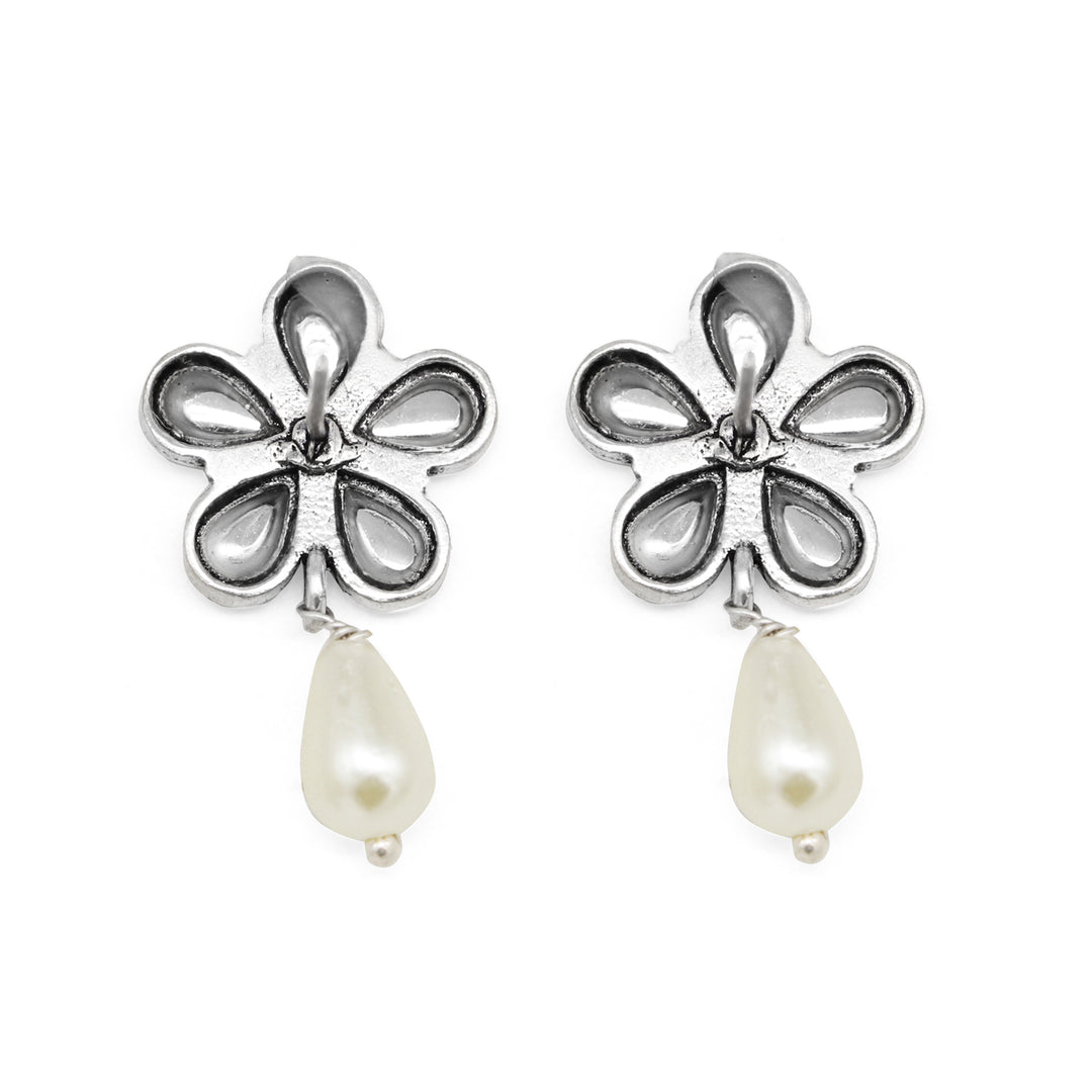 Amritaya Floral Polki Silver Oxidized Earrings - Teejh