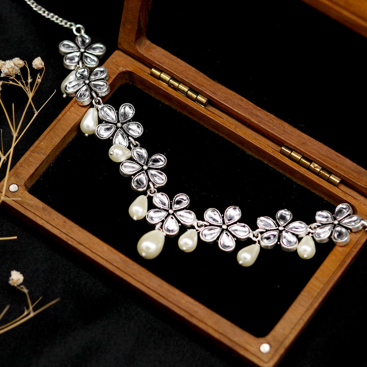Abhita Floral Polki Silver Oxidized Necklace - Teejh