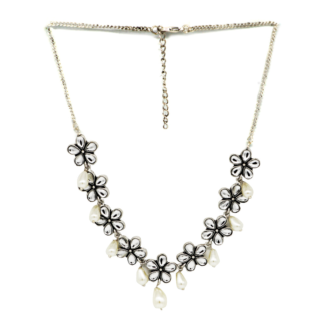 Abhita Floral Polki Silver Oxidized Necklace - Teejh