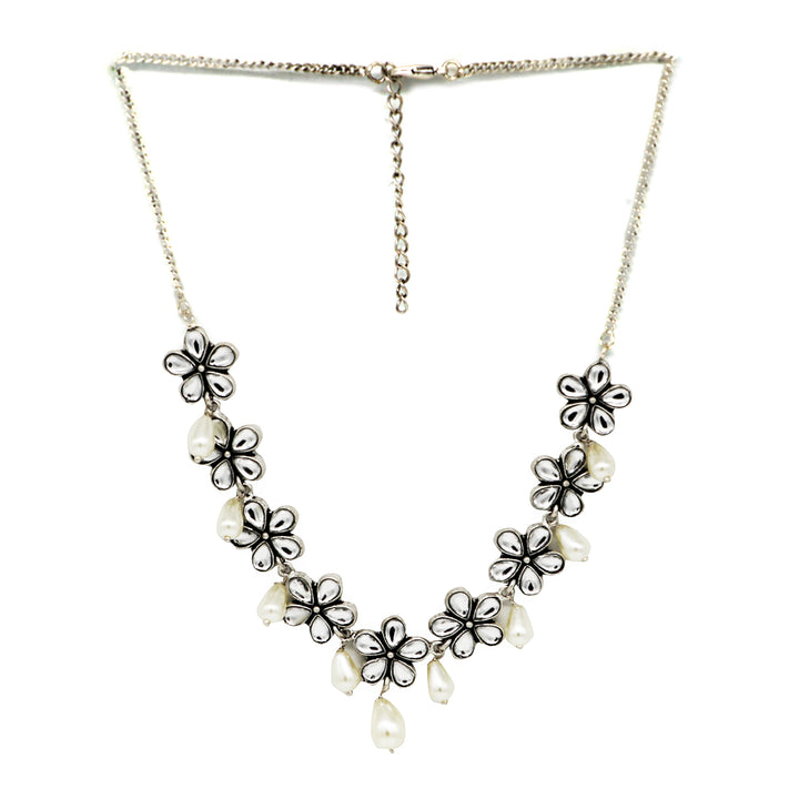 Abhita Floral Polki Silver Oxidized Necklace - Teejh