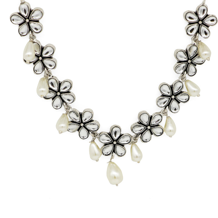 Abhita Floral Polki Silver Oxidized Necklace - Teejh