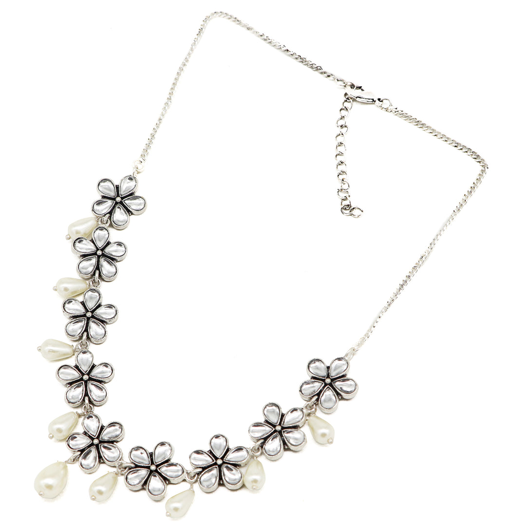 Abhita Floral Polki Silver Oxidized Necklace - Teejh