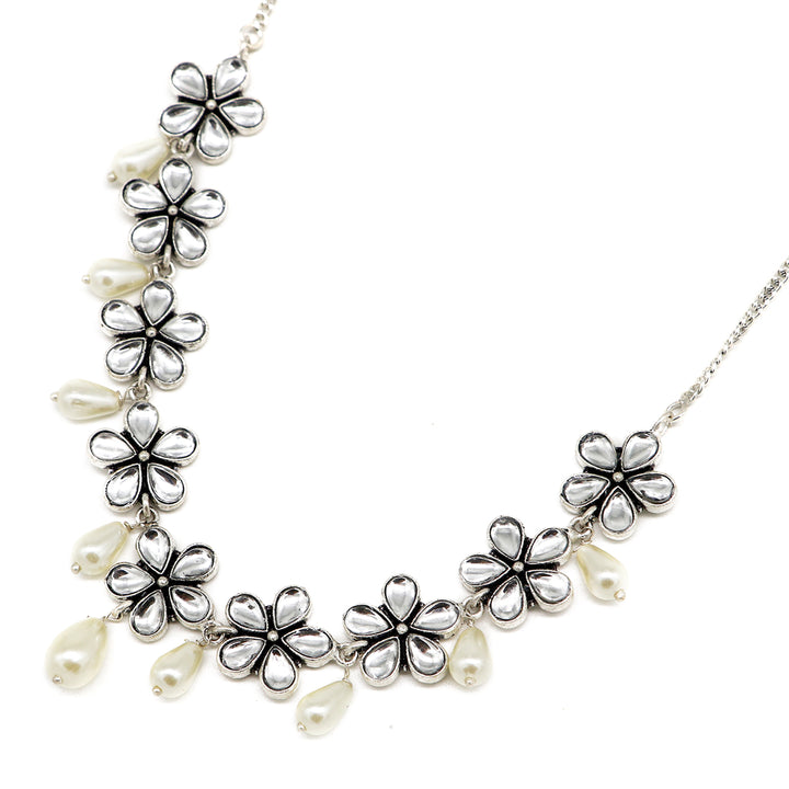 Abhita Floral Polki Silver Oxidized Necklace - Teejh