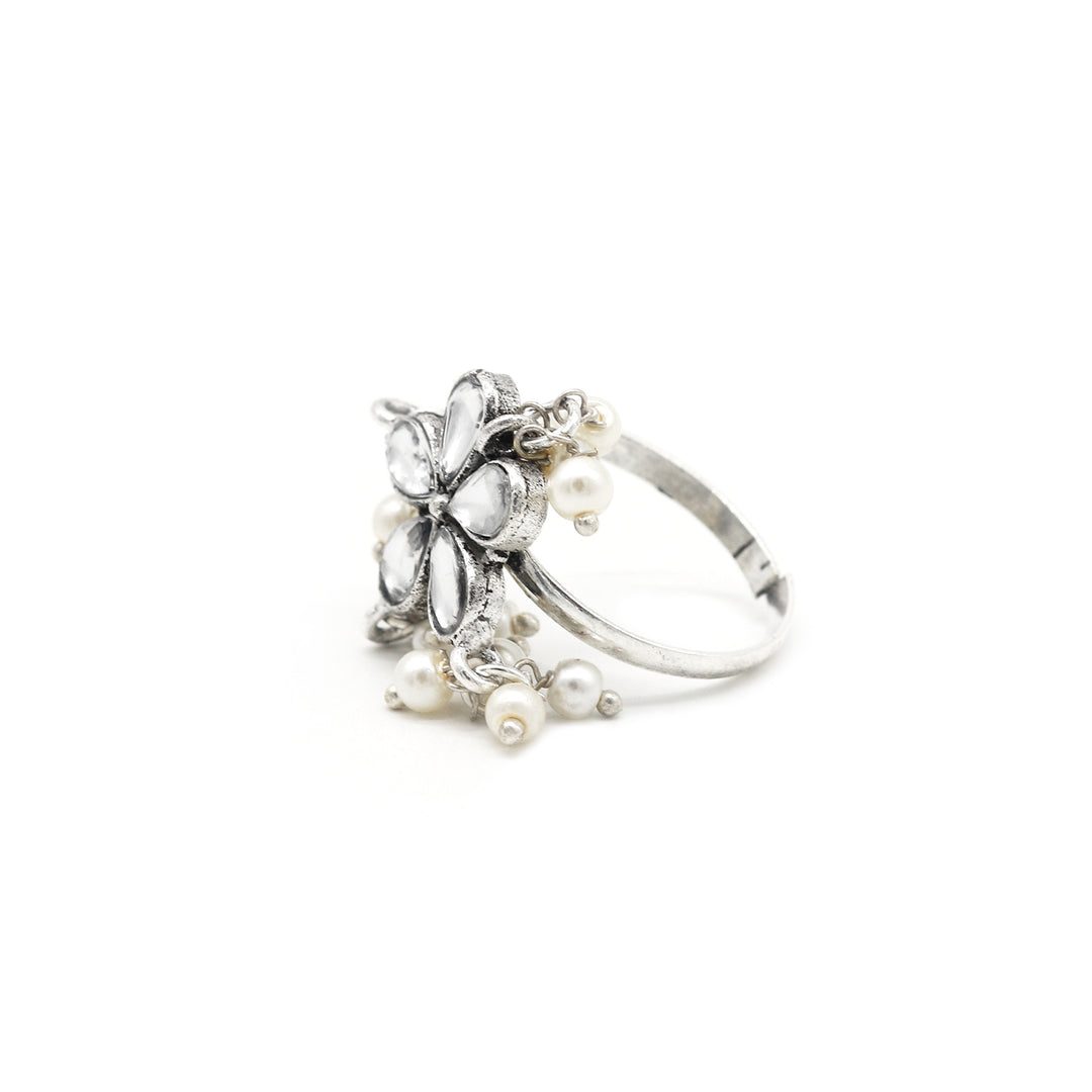 Yaksha Floral Polki Silver Oxidized Ring - Teejh