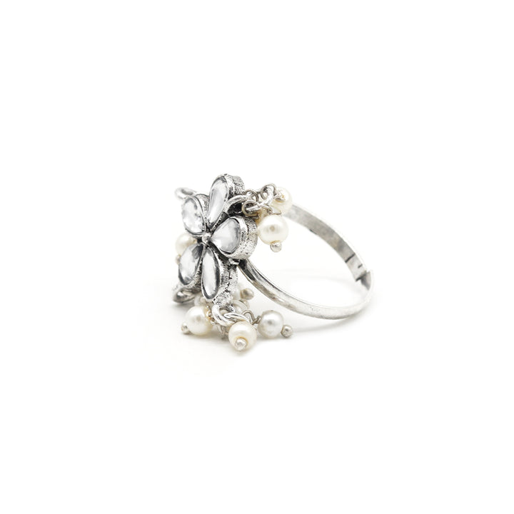 Yaksha Floral Polki Silver Oxidized Ring - Teejh