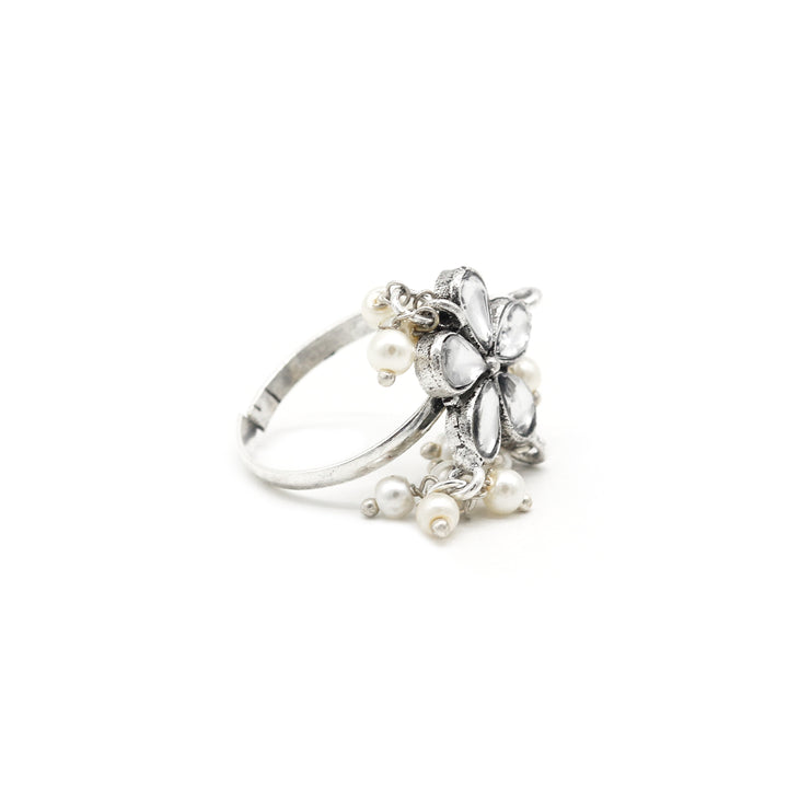 Yaksha Floral Polki Silver Oxidized Ring - Teejh