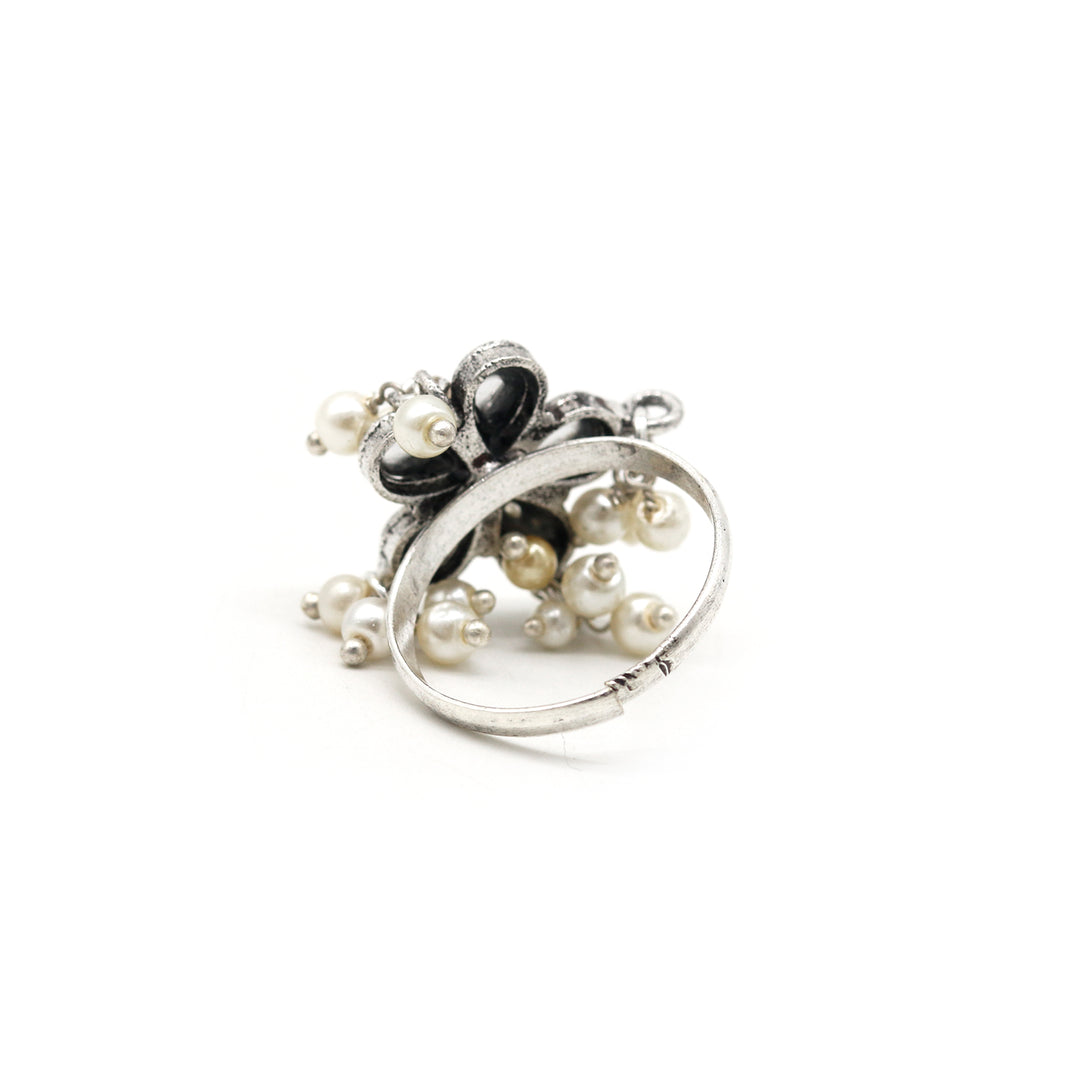 Yaksha Floral Polki Silver Oxidized Ring - Teejh