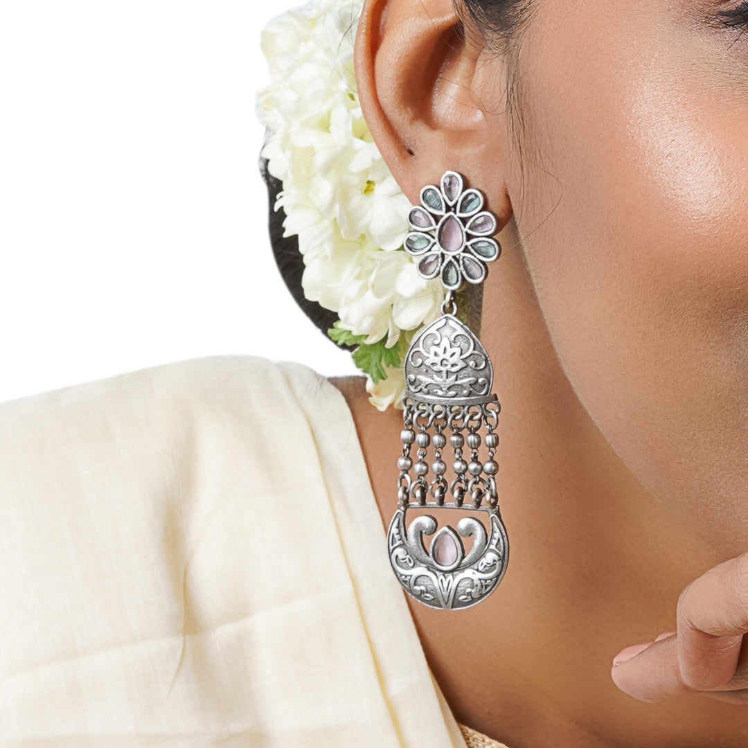 Teejh Bina Floral Pink &amp; Green Silver Oxidised Earrings